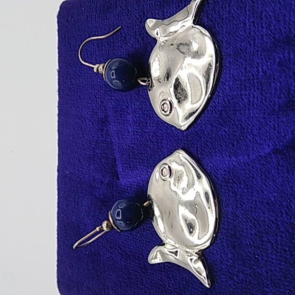 French Silver Metal Fish Earrings w/glass bead